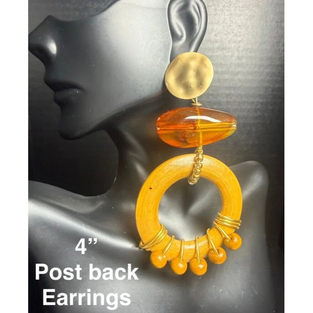 Artisan-Style Wood & Amber-Tone Statement Dangle Earrings